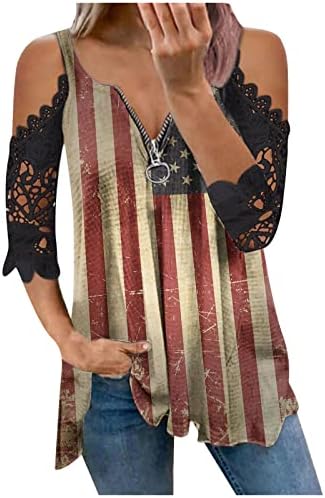 יום עצמאות נלהב הדפס טוניקה צמרות לנשים רוכסן נ 'צוואר מחוץ לכתף חולצת טריקו סרוגה תחרה חולצות שרוול קצר