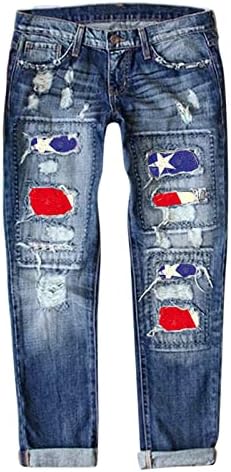 מכנסיים מיאשוי בתוספת גודל נשים נשים ג ' ינס עצמאות יום הדפסת קרע מכנסיים ארוך קביים מכנסיים