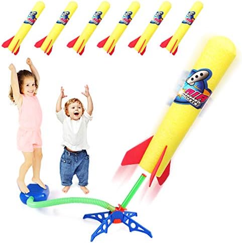 ילדים של דאקורה קופצים משגרי רקטות צעצוע, 6 רקטות קצף ומשגר דריכה, עד 100 רגל, משחק קיץ בחוץ בחוץ, יום הולדת מסיבת