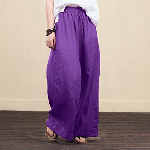 רחב רגל פשתן מכנסיים נשים שרוך גבוהה מותן מקרית מוצק צבע מכנסיים קומפי לנשימה קיץ מכנסיים