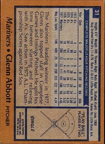 1978 Topps 31 Glenn Abbott Seattle Mariners NM+ Mariners