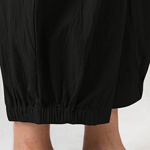 גבוהה מותן קאפרי מכנסיים לנשים מקרית כותנה פשתן מכנסיים רופף רחב רגל מכנסיים אלסטי מותניים ישר קצוץ