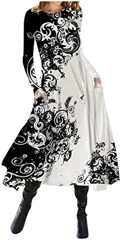 ארוך שמלות לנשים פורמליות אופנה מזדמן מודפס עגול צוואר סוודר ארוך שרוול שמלה