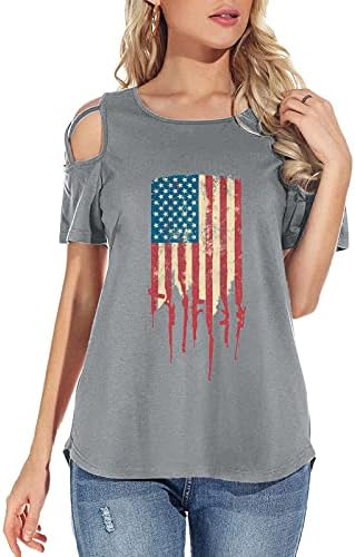 חולצות מזדמנים לנשים ב -14 ביולי אמריקה דגל הדפיס דגל שרוולים קצרים