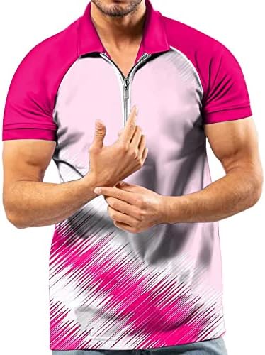 HDDK Mens שרוול קצר רוכסן חולצות פולו ספורט טניס פס מופשט