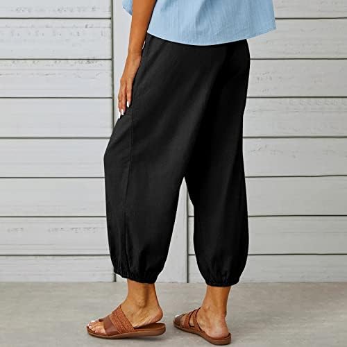 מכנסי פשתן כותנה לנשים, משיכת מותניים גבוהים ברגל רחבה רופפת בכושר קפריס נוחה אופנה מכנסיים רחבים עם כיסים