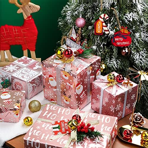 גליל נייר עטיפה לחג המולד-רוז זהב סנטה, פתיתי שלג ואיילים אוסף חג עם ברק נייר כסף מתכתי - 4 גלילים-30