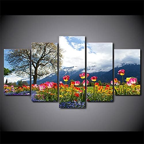 5 חלקים סט נוף אמנות קיר פרחים אביב גן שוויץ שוויץ קנבס ממוסגר גדול, עיצוב מופשט מודרני, ציור חוף בהשראה