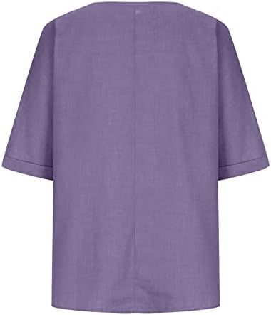 צמרות פשתן כותנה לנשים רופפות בצבע אחיד מזדמן שרוולים קצרים כפתור כלפי מעלה סווד החולצה של חולצת