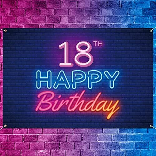 5665 זוהר ניאון שמח 18 יום הולדת רקע באנר דקור שחור, צבעוני זוהר 18 שנים מסיבת יום הולדת נושא