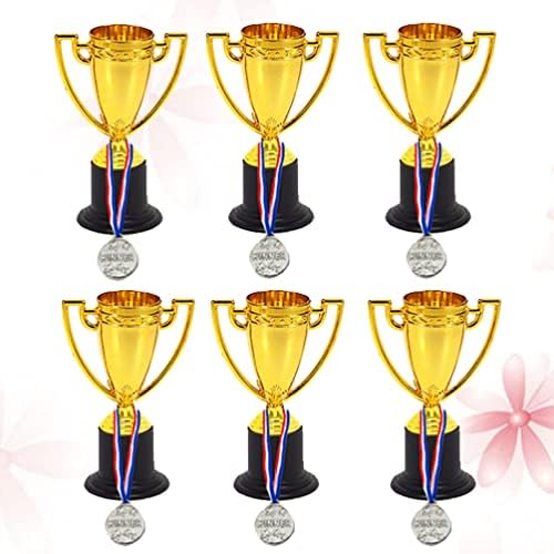 Lioobo 12 יח 'גביע ומדליות פרסים הגדר מיני גביעים פלסטיים 6 יחידות גביע פלסטיק זהב גביע 6 יחידות זוכה מדליות לילדים