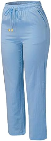 מכנסי פשתן כותנה קיץ מזדמנים לנשים מכנסי רגל רחבים עם כיסים צבע אחיד עם מכנסי רגל ישר מכנסי חוף מכנסי