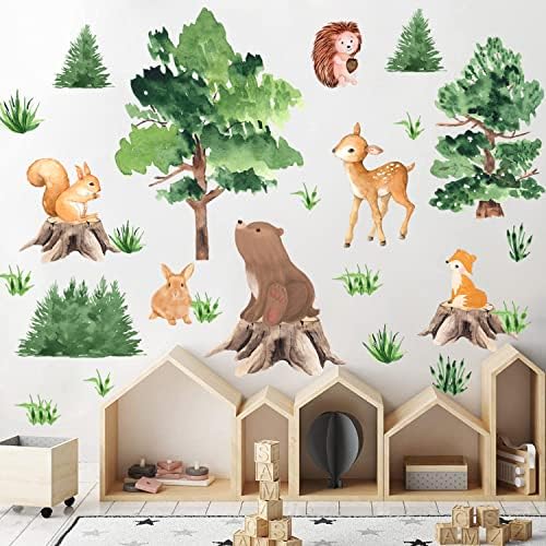 קוקולאפ צבעי מים עץ עץ חיה מדבקות קיר, מדבקות קיר בעלי חיים יער תפאורה לחדר תינוקות, עיצוב קיר משתלת