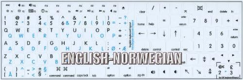 מק אנגלית-נורווגית לא שקוף מקלדת תוויות פריסה על לבן רקע עבור מחשב נייד, שולחן עבודה ומחברת