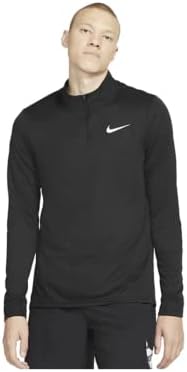 נשימה של נייקי גברים של נייקי שחור ¼ אימוני מיקוד/ריצה של חולצת בסיס שרוול ארוך קל משקל, סוווש לבן, לחות