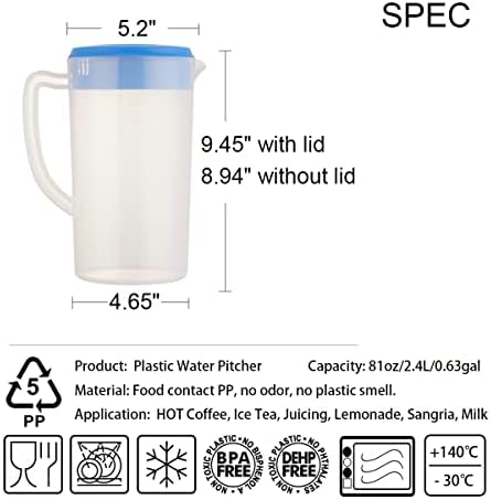 81oz/2.4 ליטר/0.63 גלון קנקן מים מפלסטיק עם מכסה 2 יח 'סט קופות ללא BPA מערבבים משקאות כד מים לתה קרח