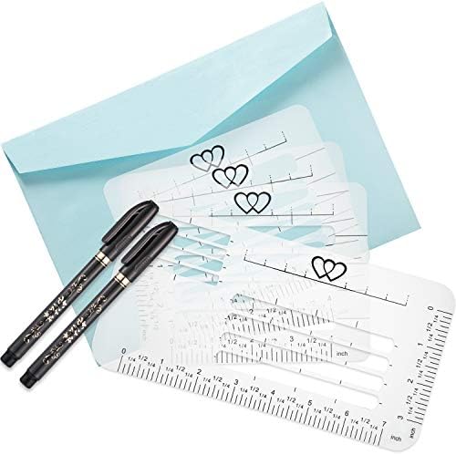 7 חתיכות מעטפת פונה מדריך 4 סגנון פונה סטנסיל תבניות עבור מעטפות עם 2 גודל מברשת עטים, ביצוע תודה