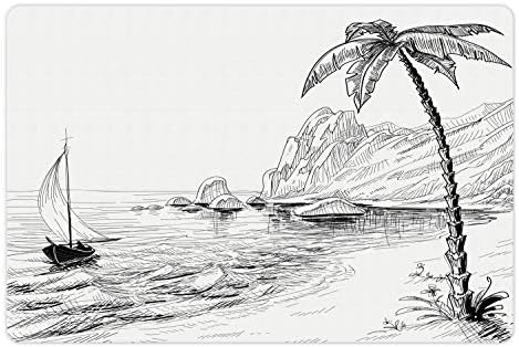 אמבסון שחור ולבן לחיות מחמד מחצלת עבור מזון ומים, ים חוף חוף עם כף עץ סירת וגבעות אקזוטי חג חופשה,