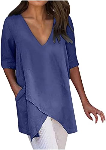 נשים עם צוואר כותנה פשתן חולצות שולי סדיר מתגנדר קיץ מוצק צבע חולצות רופף מתאים קצר שרוול טוניקת חולצות