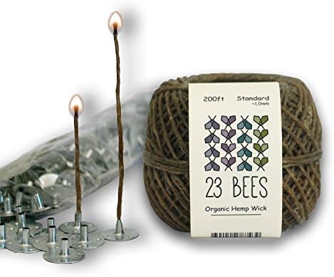 פתיל נר קנבוס אורגני בעובי 2.0 ממ + כרטיסיות מחזיק פתיל 200 יחידות להכנת נרות, 23 דבורים, סליל