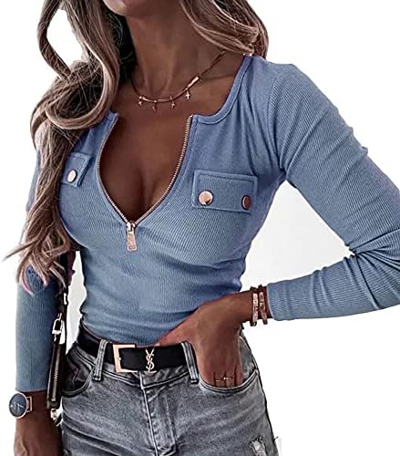 נשים שרוול ארוך הנלי חולצות כפתור למטה רזה מתאים רוכסן חולצות סקופ צוואר מצולעים לסרוג חולצות