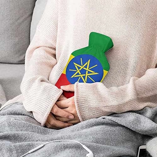 דגל של אתיופיה מודפס בקבוק מים חמים עם כיסוי קטיפה רכה ביד שקית הזרקת מי גומי חמים 1000 מל
