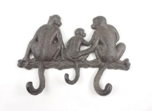 עיצוב ימי בעבודת יד ברזל יצוק קוף יושב קוף משפחתי ווים קיר מתכת דקורטיביים 8