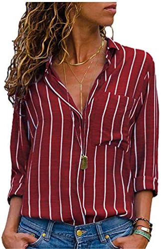 נשים של דש ארוך שרוול פס חולצות חולצות בתוספת גודל כיסים הקדמיים להנמיך כפתור חולצות