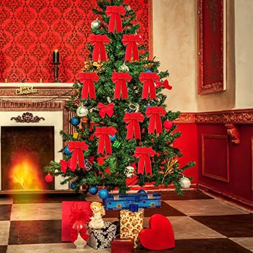 Dahenop 2 חבילה קשתות אדומות קישוטים לעץ חג המולד, קשת עץ חג המולד קשת, קשתות קטיפה אדומות עם קצה זהב