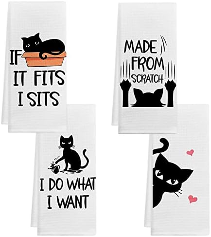 מצחיק חתול קיטי מטבח מגבות ומטליות סט של 4, שחור חתול דקורטיבי צלחת מגבות יד מגבות תה מגבות,שחור חתול דברים
