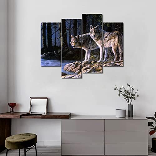 שני זאב מעמד על גדת נהר יער קיר קיר ציור זאבים תמונות מודפסות על חיה בד התמונה לקישוט מודרני ביתי