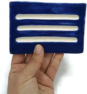 צלחת סבון בעבודת יד כחולה כהה לקרמיקה סבון בר, מחזיק סבון מלבן מינימליסטי