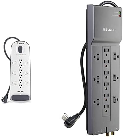 Belkin 12-Outlet USB מגן מתח מתח, תקע שטוח, כבל 6ft, לבן & 12 חוץ מגן על נחשול חשמל, כבל 8ft, אפור