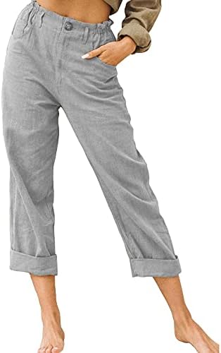קפריס קיץ חגורה לנשים רגל רחבה קלה משקל עם יבול חגורה מכנסי פשתן קפריס גבירותי קפריס קצוץ