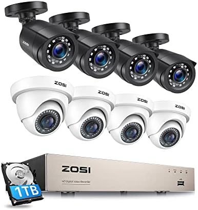 מערכת מצלמות אבטחה של Zosi 8CH 5MP LITE, 8 ערוץ H.265+ CCTV DVR עם כונן קשיח 1TB ו- 8x1920TVL