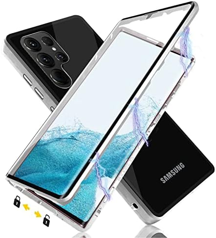 מקרה מגנטי עבור Samsung Galaxy S23 Ultra עם מנעול בטיחות, מארז טלפון דו צדדי מזג זכוכית מגנטית, תמיכה