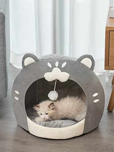 מערה מיטת חתולים מקורה Qwinee עם כרית נשלפת - בית חיות מחמד בית אוהל קטיף עיצוב אוזניים מיטת