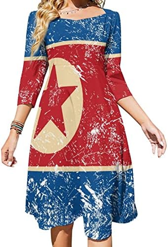 רטרו צפון קוריאה דגל נשים של ארוך שרוול זורם נדנדה שמלה חמוד עניבה חזרה קו מיני שמלה