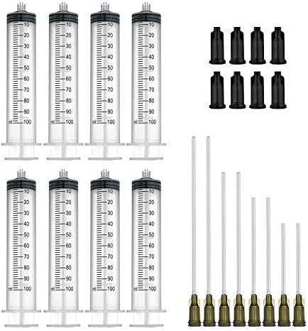 8 מארז 100 מ ל מזרקים עם 14 גרם 4.0 3.0 2.0 1.0 מחטי קצה קהה וכובעי אחסון, מזרק פלסטיק לשימוש חוזר למוליך