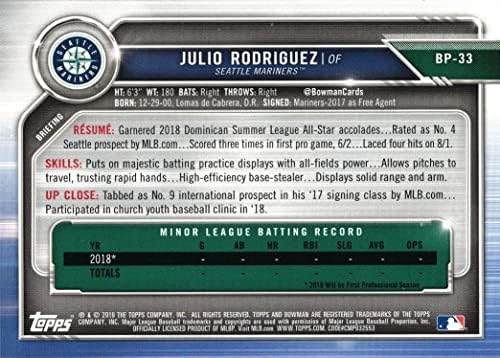2019 Bowman Prospects Baseball BP-33 Julio Rodriguez Pre-Rookie Card-כרטיס Bowman 1st