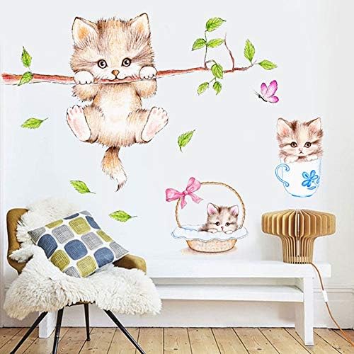 קידדייל חמוד חתול קיר מדבקות, נשלף חתול ענפי עץ פרפר קיר מדבקות לילדים חדרי משתלת חדר משחקים עיצוב