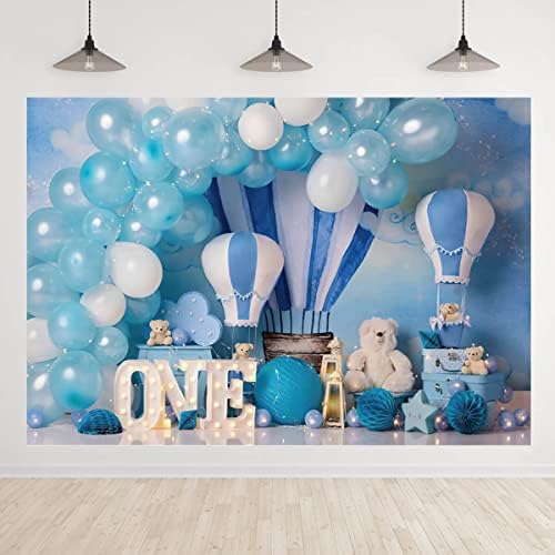 ילד אחד מסיבת יום הולדת רקע כחול לבן בלון אוויר חם דוב קטן צילום רקע ילדים בנים מקלחת תינוק 1 באנר אספקת קישוט