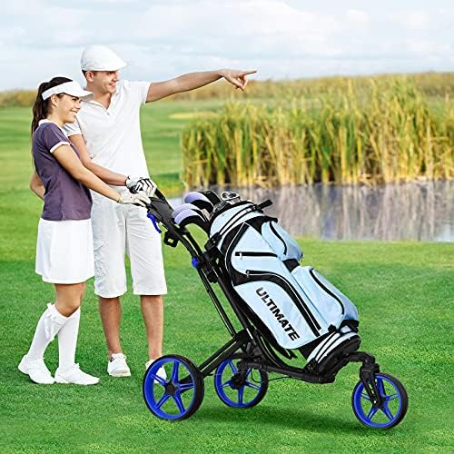3 גלגלים עגלת דחיפת גולף מקצועית, עגלת גולף הליכה מתקפלת עם גלגל קדמי אוניברסלי וידית מתכווננת, לוח תוצאות