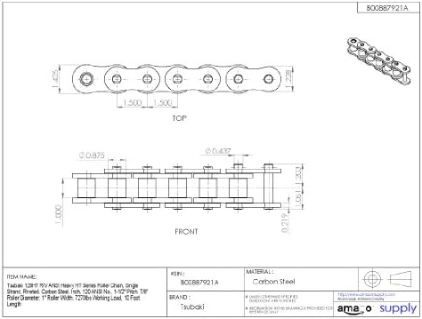 Tsubaki 120htrb Ansi Heavy Ht Series שרשרת רולר, גדיל יחיד, מסמרת, פלדת פחמן, 120 ANSI No., 1-1/2 המגרש,