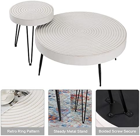 ראסטאון בית חווה עגול קפה שולחן סט של 2, קוקטייל שולחן סט, מודרני מעגל טבעי עץ פינש צד וסוף שולחן סטים לסלון, לבן
