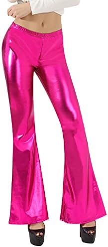 מכנסי מתכת מתכת נוצצים של נשים מותניים גבוהים פעמון נמתח תחתון מכנסי רגל רחבים מכנסיים מכנסיים פשתן