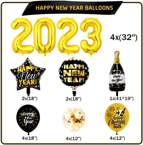 2023 ציוד למסיבות ערב השנה החדשה כולל 2023 בלונים, באנר לשנה החדשה בלוני שמפניה לשנה החדשה, בלוני לטקס שנה טובה