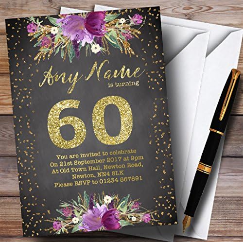 גיר צבעי מים סגול זהב 60 הזמנות למסיבת יום הולדת בהתאמה אישית