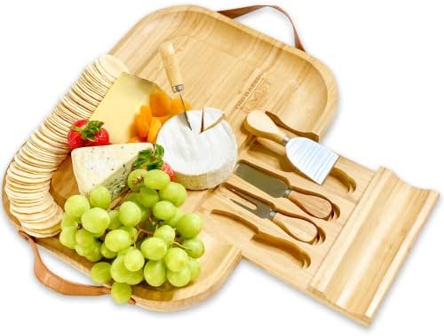 לוח גבינת במבוק וסכין סט - מגש חרסי עץ עם ידיות עור ומגירה מחליקה - מבדר חיוני לאוהבי יין וגבינה - לוחות