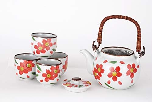 פוג'י סחורה קורפ יפני סט תה יפני סט חרסינה סיר תה 22 פלורידה עם מסננת ו -4 כוסות מכוונות עיצוב פרחי